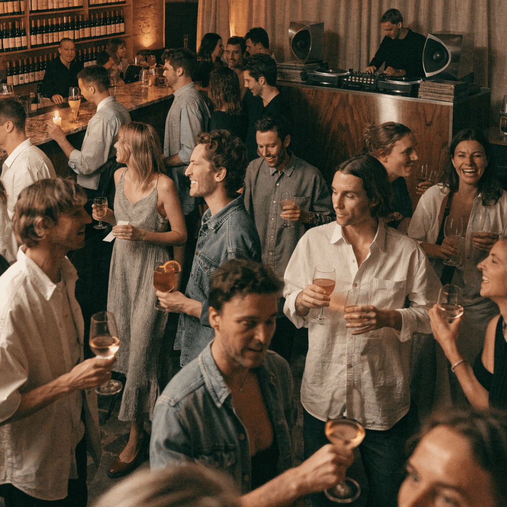Guests dancing and celebrating at a venue night, DJ playing in the background